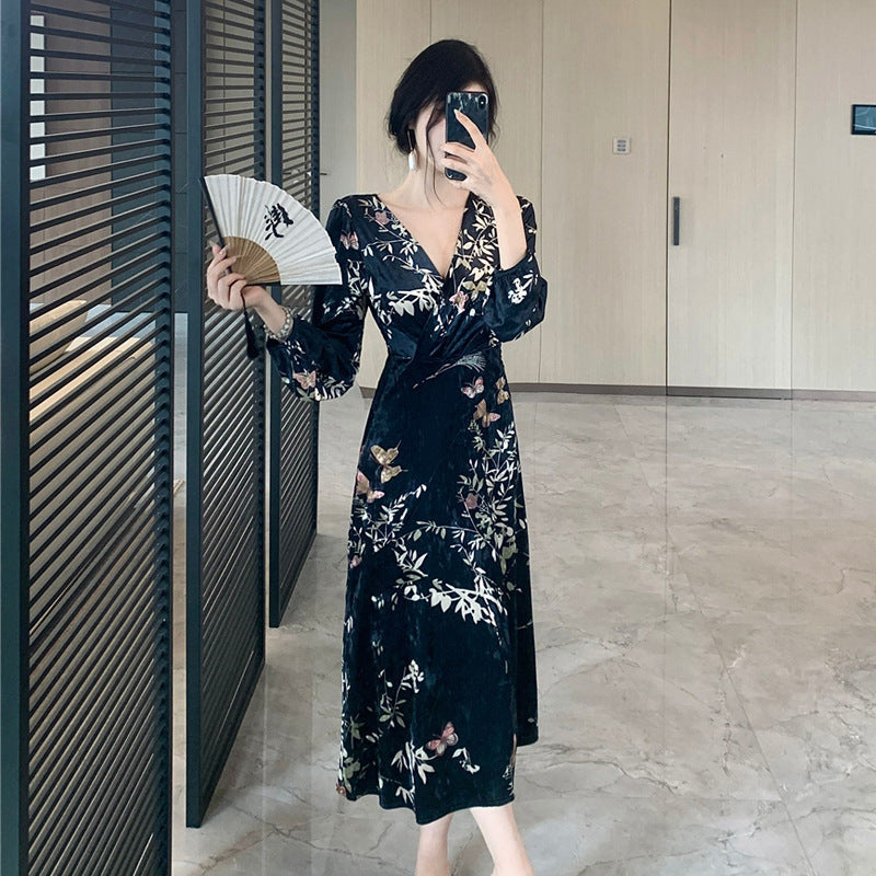 Kvinnors Midi Klänning V-ringning Sammet-3