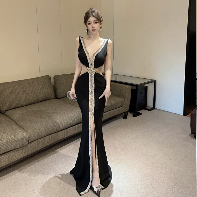 Dam Lång Klänning V-ringad Polyester Öppen Rygg-3