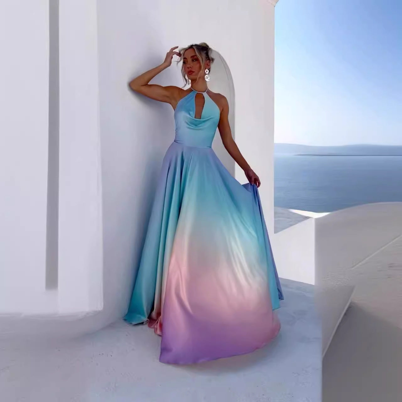 Maxiklänning Dam Asymmetrisk Axelhalsband Polyester Långa Klänningar Sommar-4