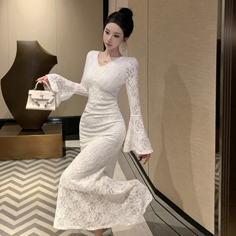 Dam Svansklänning V-Neck Lång Kjol Spets Högkvalitativt Tyg-3