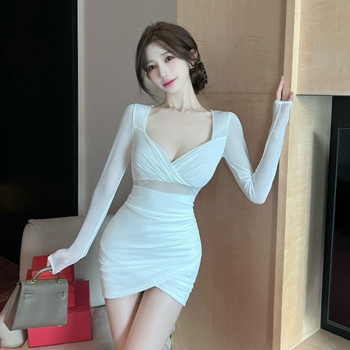 Kvinnors Kort Klänning Långärmad V-ringning Festklänning Högkvalitativt Tyg 1