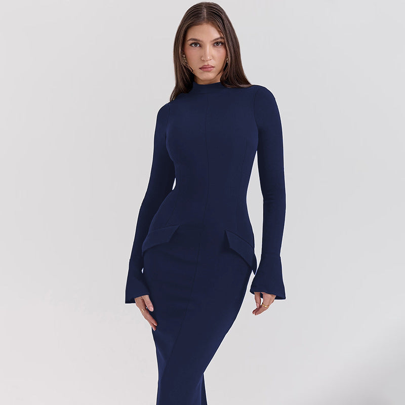 Kvinnors Långärmad Klänning Hög Krage Utställda Ärmar Elastiskt Tyg 3