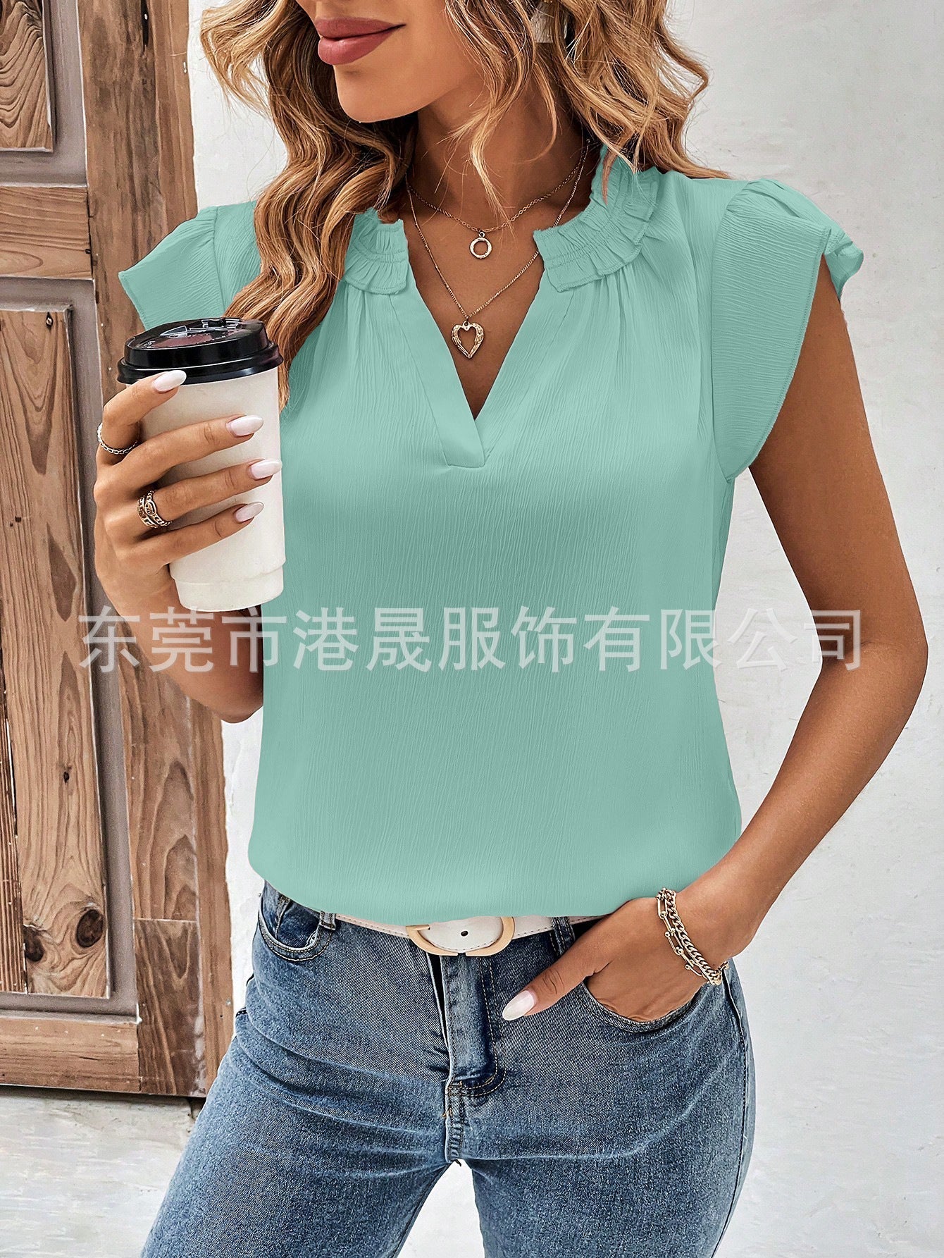 Variant image for Festtoppar Dam med Volangärmar V-ringning Polyester-5