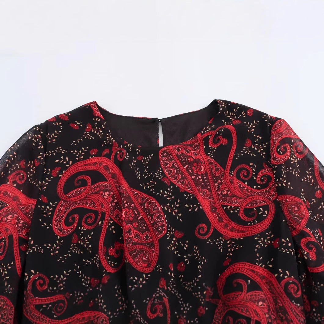 Kvinnors Chiffongklänning Paisley Rüsch Detaljer Mjuk och Andningsbar-3