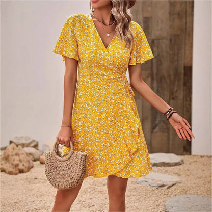 Kort Klänning Dam Blommig V-ringning Polyester Korta Festklänningar-3