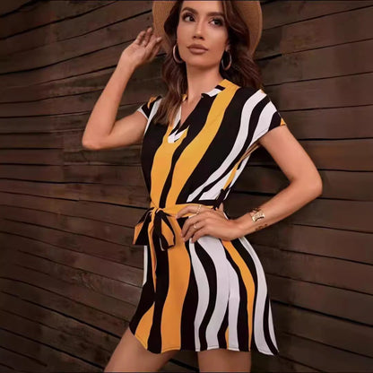 Kvinnors Midi Klänning A-Line V-ringad Polyester Randig-6