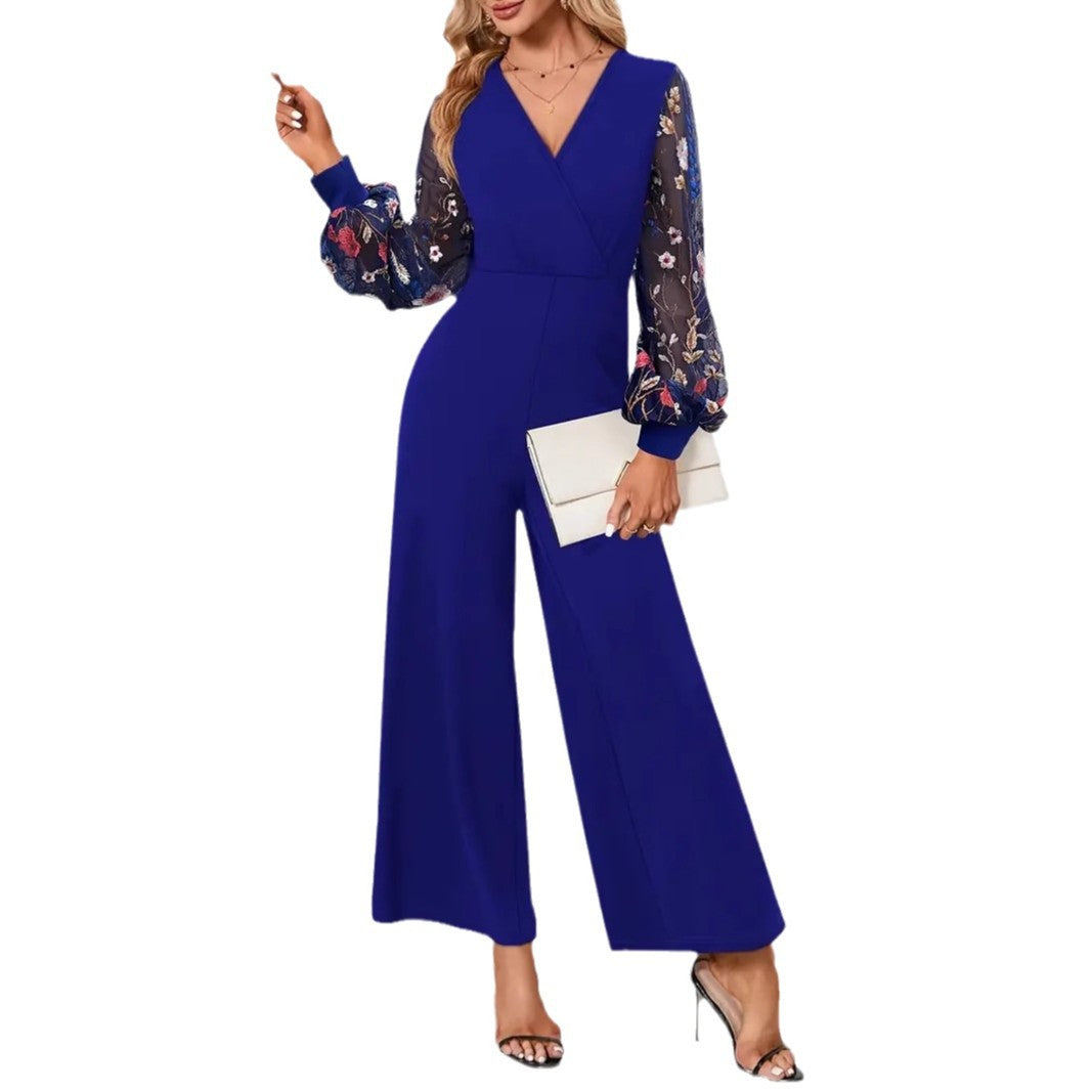 Kvinnor Jumpsuit Blommiga Ärmar V-Ringning Bredbenad Andningsbart Material-5