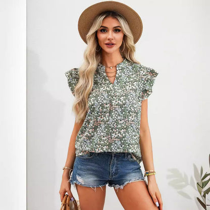 Dam Blommig Topp Kortärmad Rynkad Polyester-2