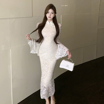 Kvinna Qipao Klänning Lång Ärmar Polyester Spandex-5