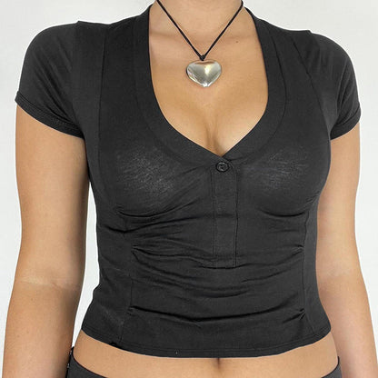 Kvinnors Kortärmad Topp V-ringning Elastisk Bomull-4