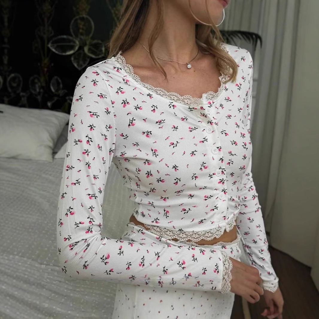 Dam Loungewear Set Blommig Långärmad Polyester-3