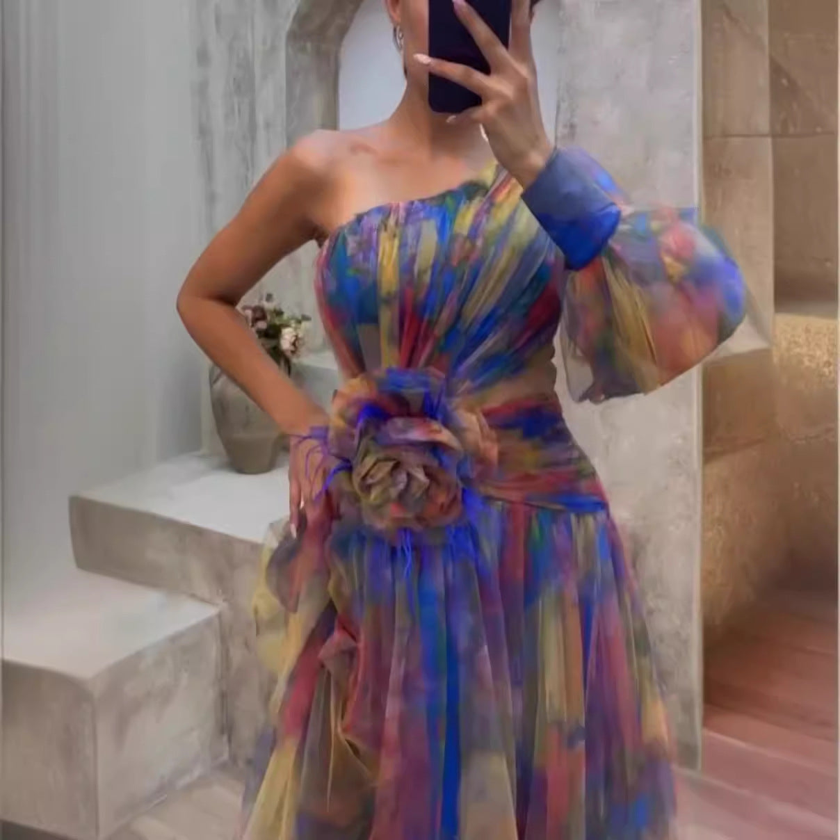 Maxi Klänning Dam Asymmetrisk Blommig Polyester Långa Ärmar-3