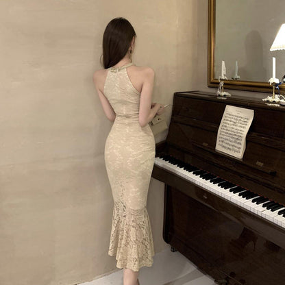 Dam Klänning Halterneck Maxirock Polyester Spetsig Chic-4