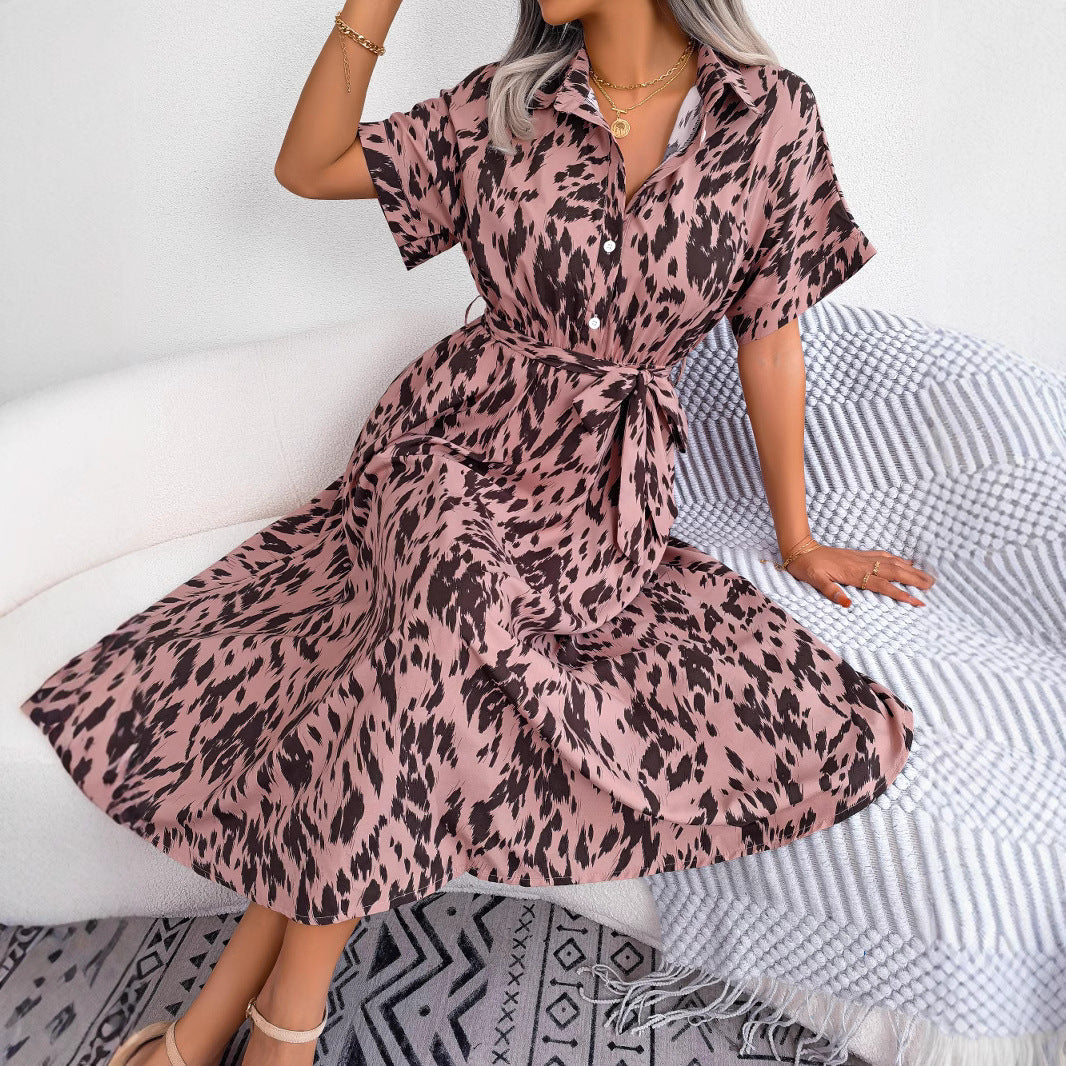 Damklänning Långärmad Leopardmönstrad Chiffon Hög Midja-4