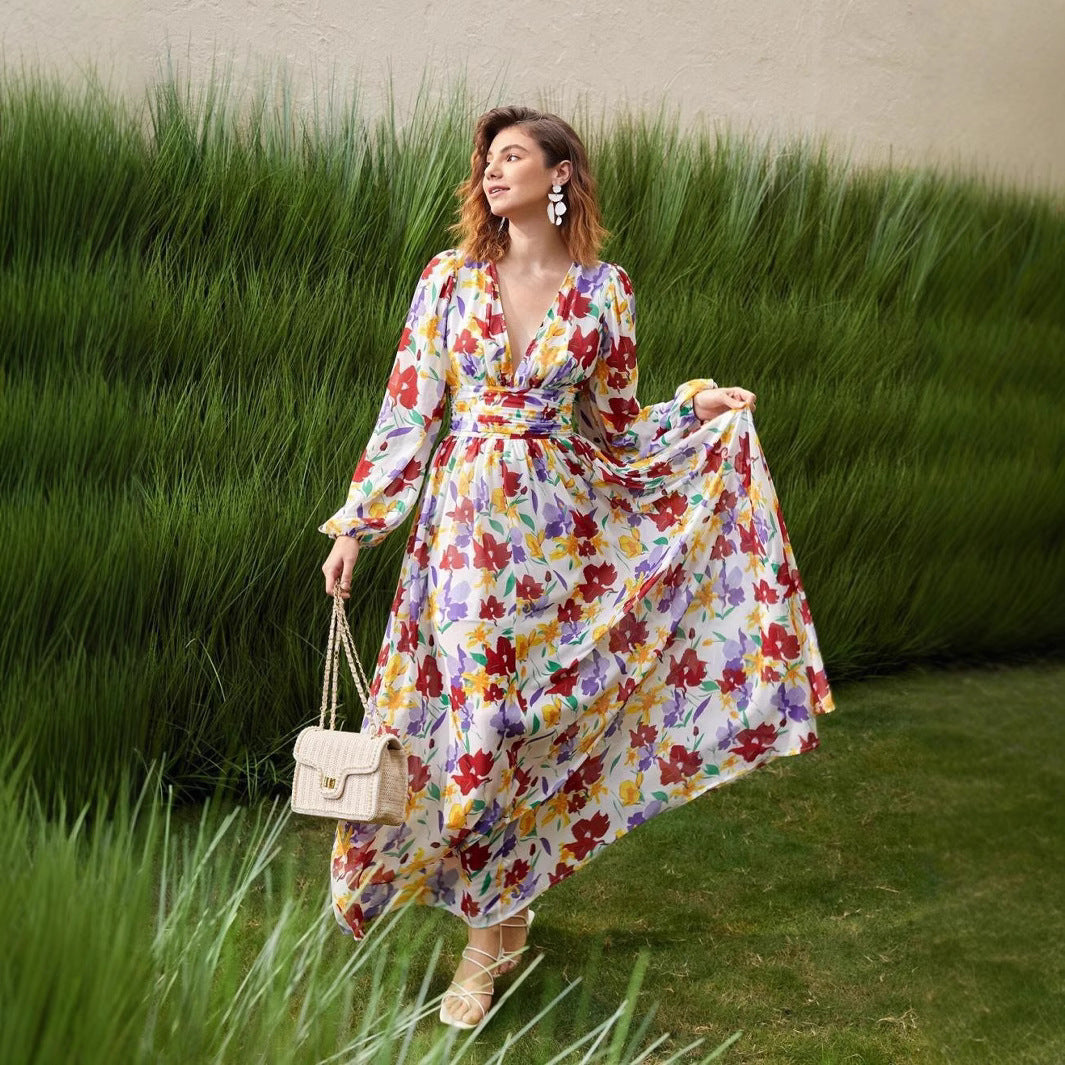 Kvinna A-Linjeformad Klänning Blommönster Polyester med Långa Ärmar-3