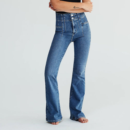 Damer Högmidjade Denimbyxor Långt Ben Retro 100% Bomull-1