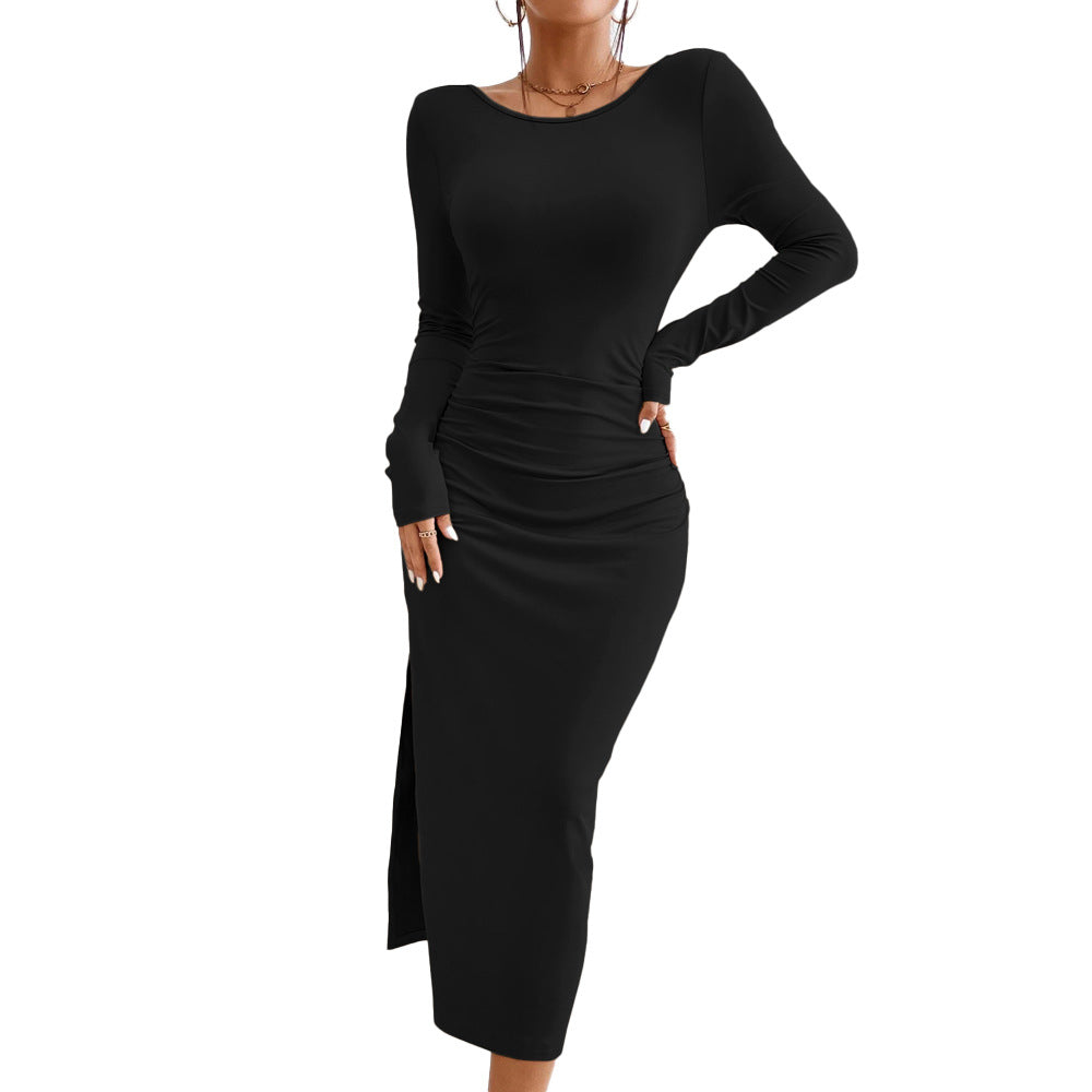 Elegant Långärmad Midiklänning Dam i Elastiskt Tyg – Figurbetonande Design med Cirkulär Halsringning 5