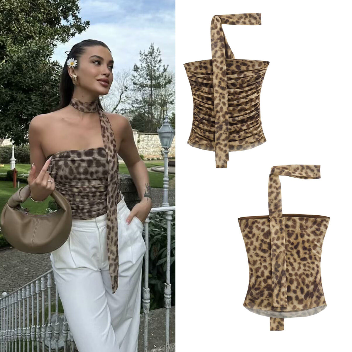 Dam Tank Top Leopardmönster Mesh Utan Remmar-2