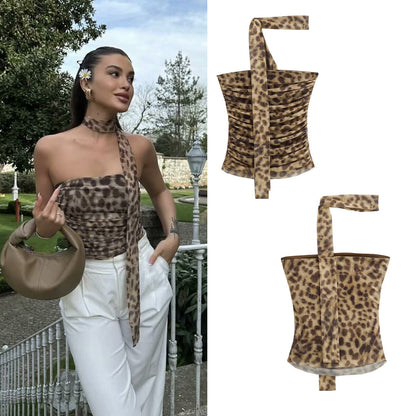 Dam Tank Top Leopardmönster Mesh Utan Remmar-2