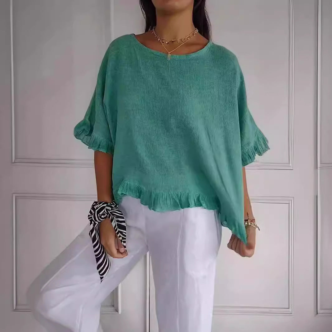 Dam T-shirt Rufsade Detaljer Löst Snitt Bomull-3