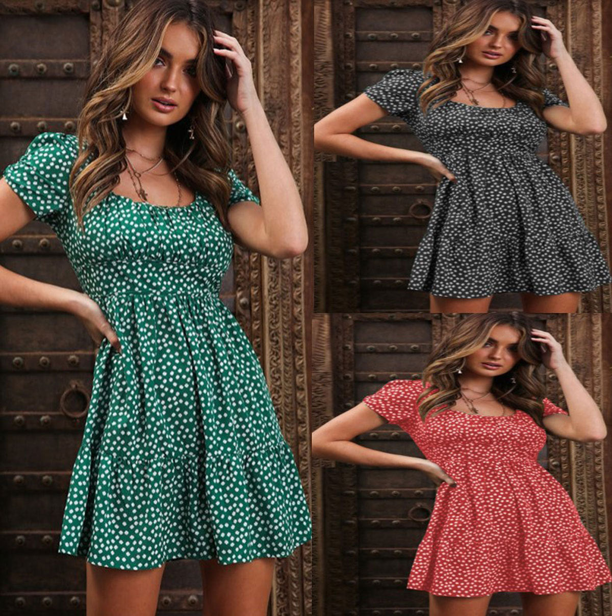 Dam Sommarklänning Blommig Fyrkantig Nacke Puffärmar Polyester Midilängd-2