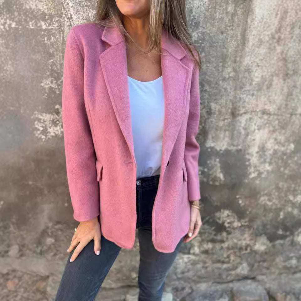 Dam Fritidsjacka Regular Fit Ull Spandex med Knapp och Faux Fickor-3