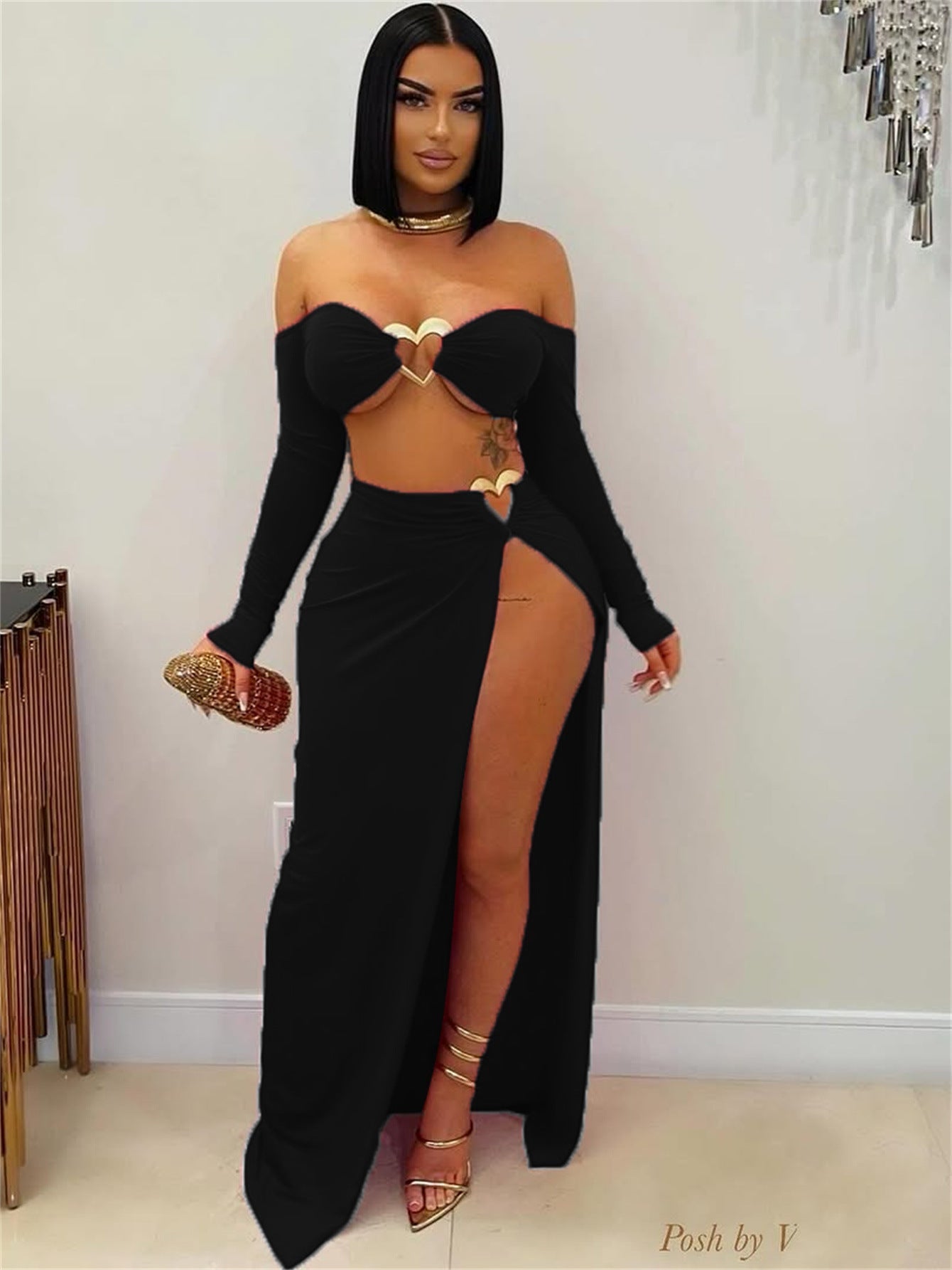 Dam Crop Top Lång Rock Set Polyester Spandex 6