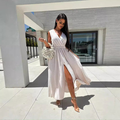 Kvinnors Långklänning A-Line Polyester Ärmlös för Fest och Bröllop-4