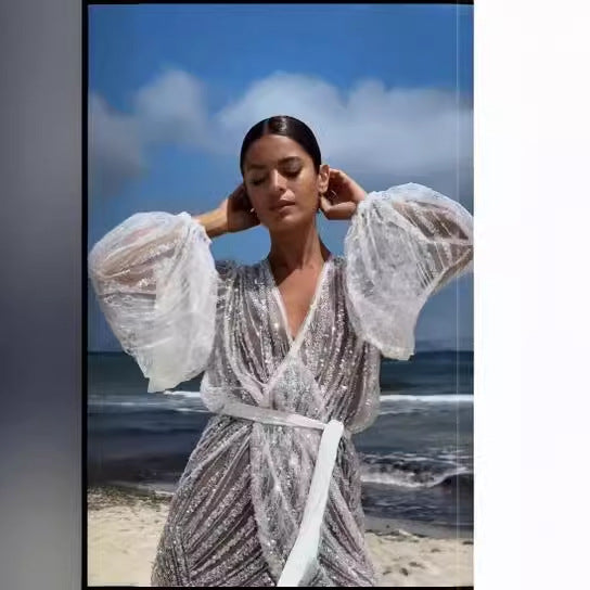 Damklänning Asymmetrisk Långärmad Spandex med Glittrande Detaljer-5