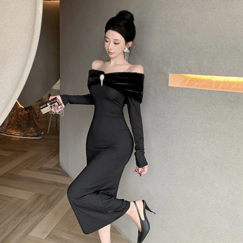 Kvinnors Midjeklänning Off-the-Shoulder Fluffig Polyester-4