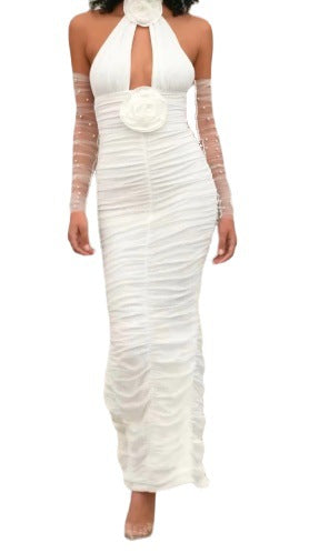 Dam Klänning Halter Asymmetrisk Nät Material-5