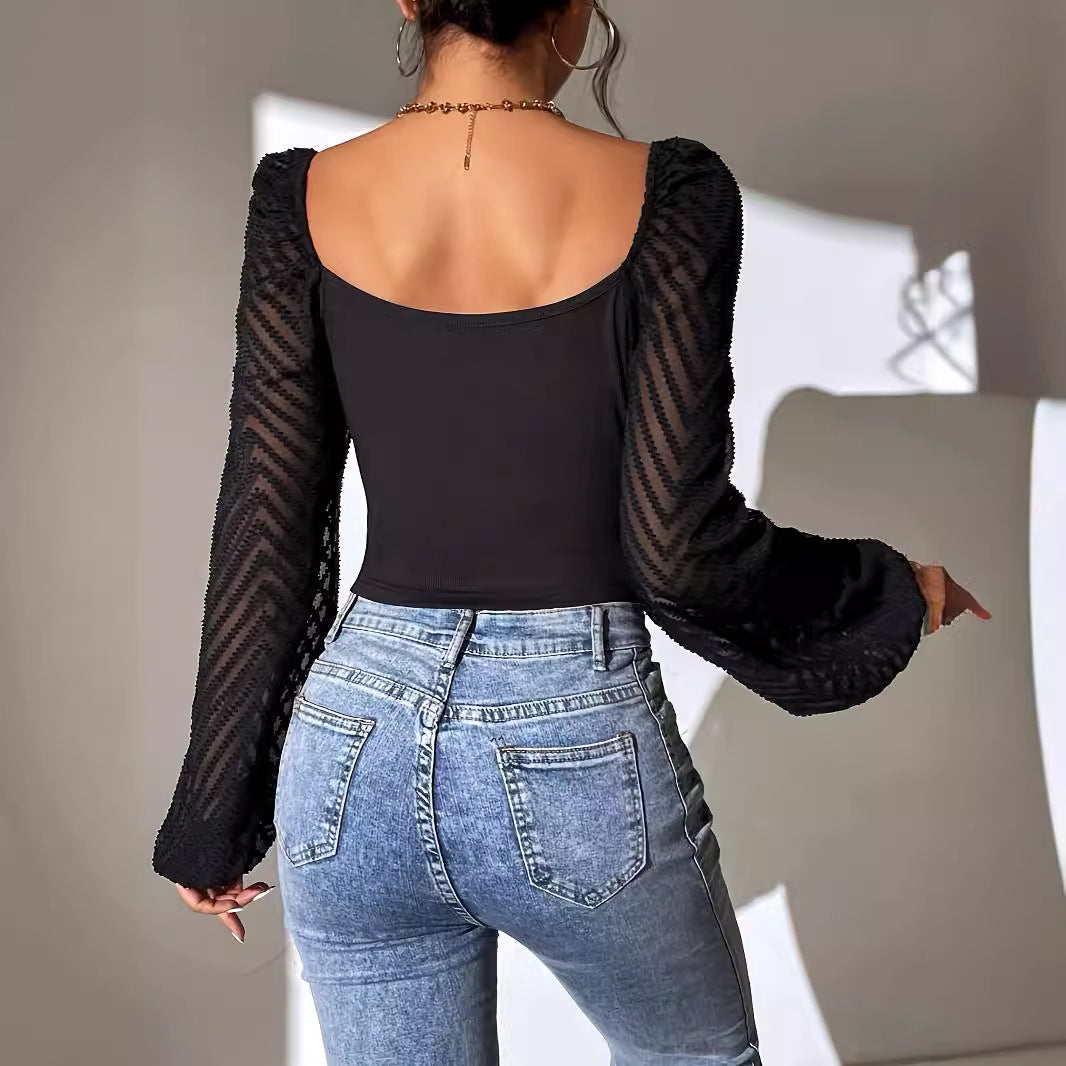 Dam T-shirt Långärmad Slim Fit Ribbad 100% Bomull-3