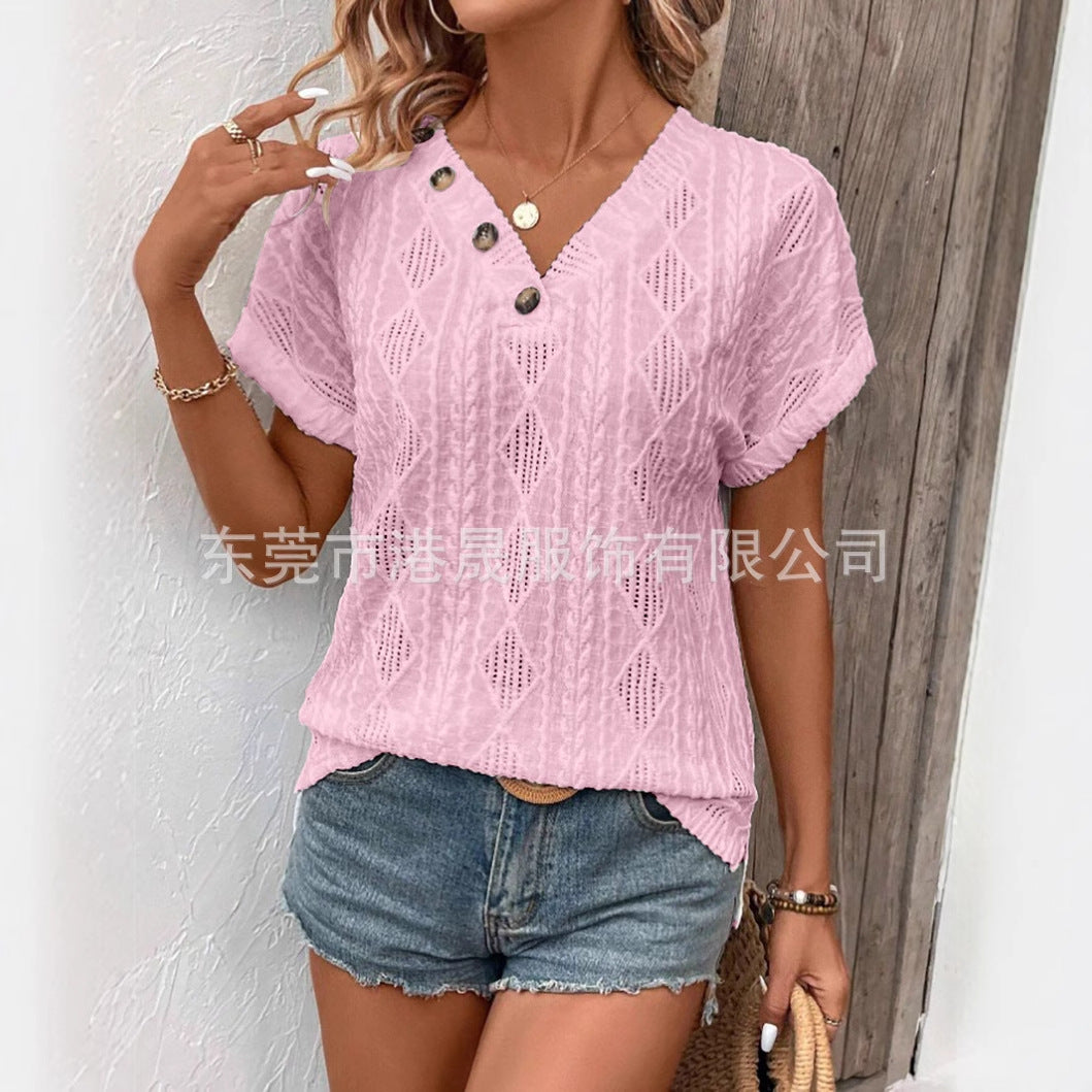 Dam T-shirt V-ringning Korta Ärmar Spets Geometrisk Mönster-2