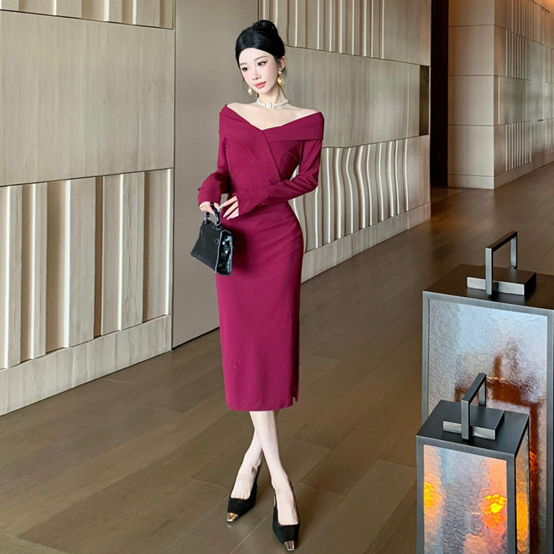 Kvinnors Off-Shoulder Klänning V-Halsad Polyester Elastan-3