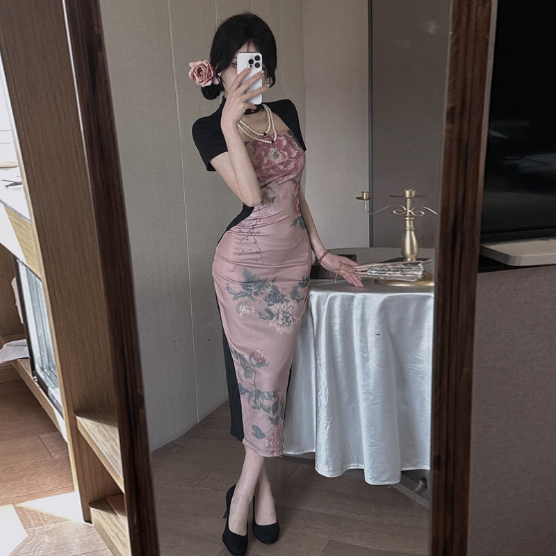 Damklänning Cheongsam Bodycon Polyester med Ståkrage och Blommönster-3