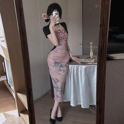 Damklänning Cheongsam Bodycon Polyester med Ståkrage och Blommönster-3