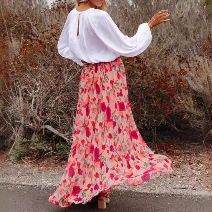 Dam Midi Kjol Blommig Chiffon Elegant-5