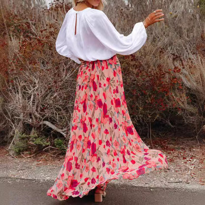 Dam Midi Kjol Blommig Chiffon Elegant-5