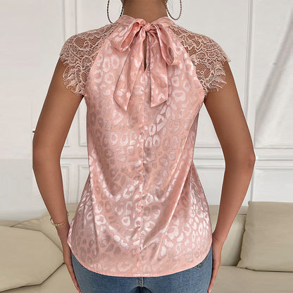 Blus Dam Leopardmönstrad med Halvhög Krage och Spetsärmar Polyester-4