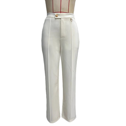 Kvinnor Palazzo Byxor Hög Midja med Knappdetaljer och Sidospår i Andningsbart Material-6