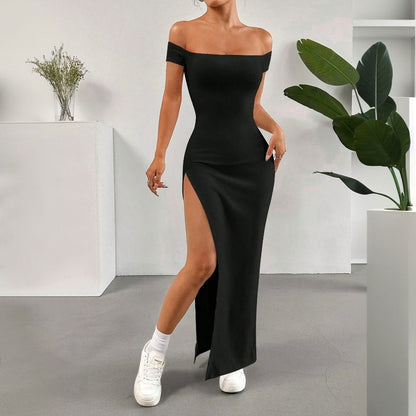 Kvinnors Off-Shoulder Midi Klänning Högkvalitativt Tyg med Splitt-5