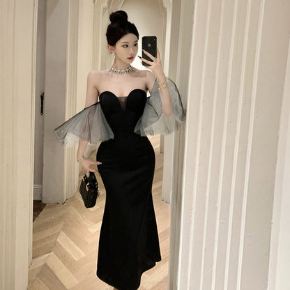 Dam Klänning Axelbandslös Fishtail Maxilängd med Fladderärmar i Polyester-2