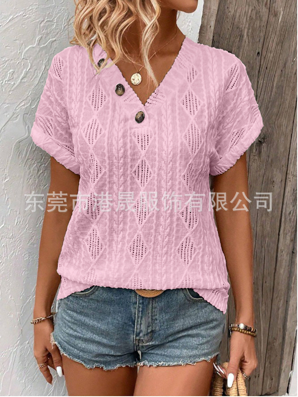 Variant image for Dam T-shirt V-ringning Korta Ärmar Spets Geometrisk Mönster-5