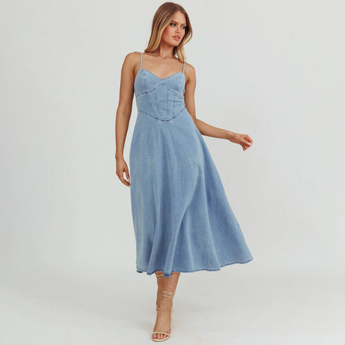 Damklänning A-linjeformad Denim V-ringning Utan Ärmar-1