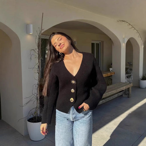 Kvinnors Cardigan Djup V-Hals Gyllene Knappdetaljer 100% Akryl-1