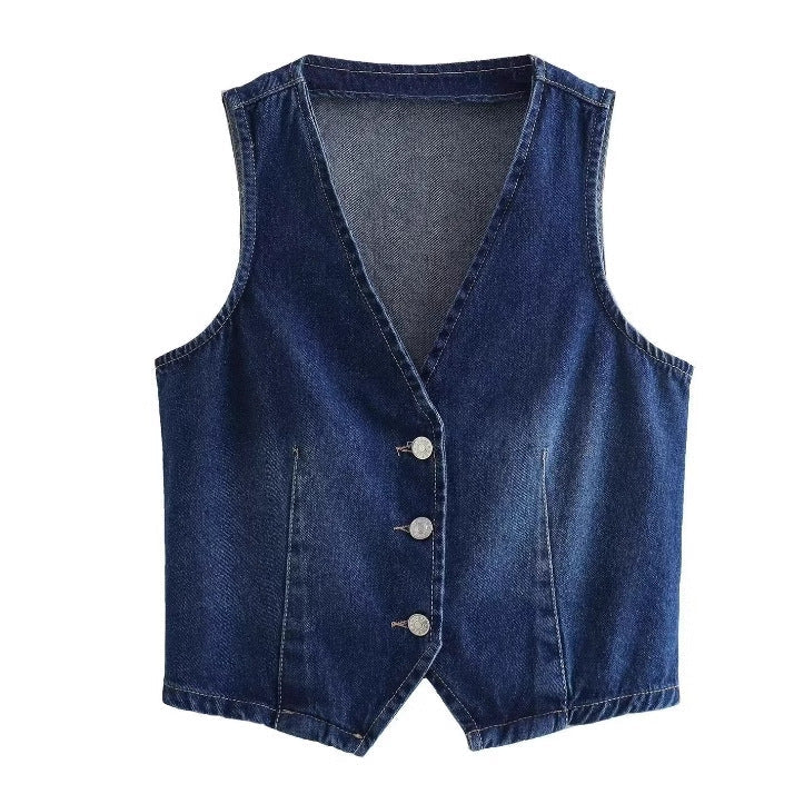 Dam Jeansväst V-ringning Figurbetonad Denim med Eleganta Knappar 6