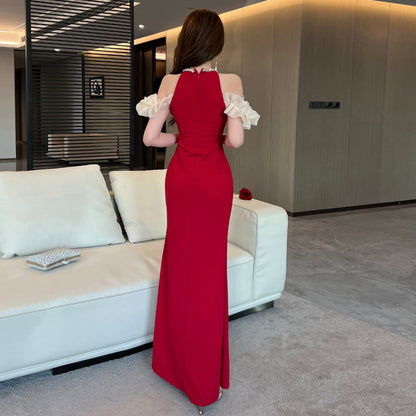 Kvinnors Lång Klänning Halterneck Polyester Elastan-3