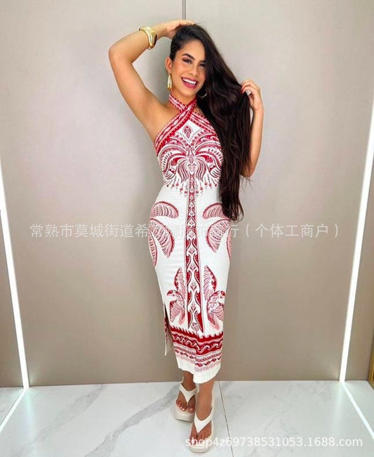 Blommig Maxiklänning Dam med V-ringning – Elegant Polyester för Sommarens Festligheter 1