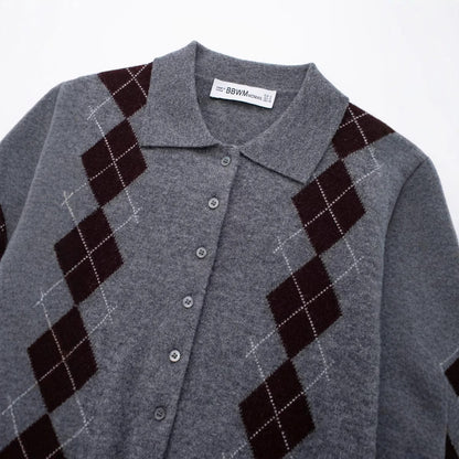 Kvinnors Cardigan Argyle Mönster Klassisk Krage Mjuk Ull 4