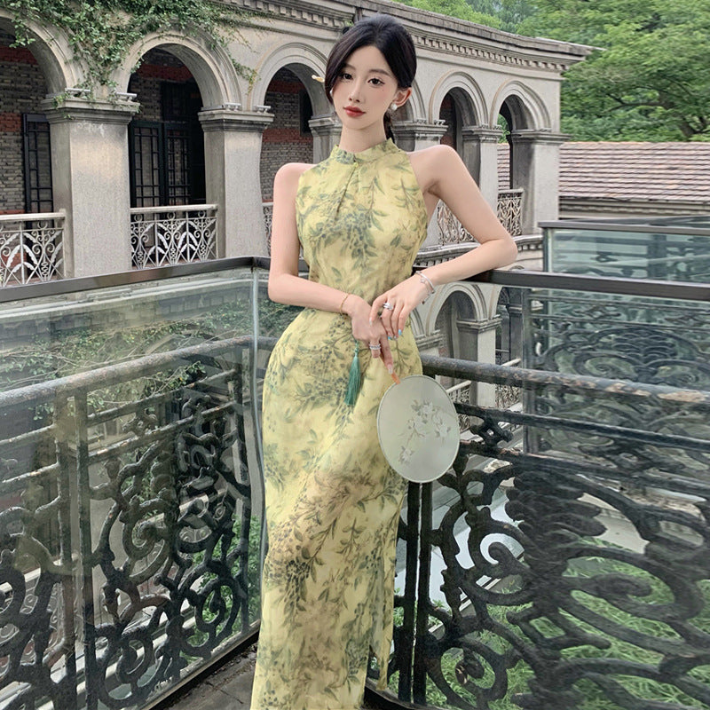 Kvinna Cheongsam Klänning Lång Chiffon-2